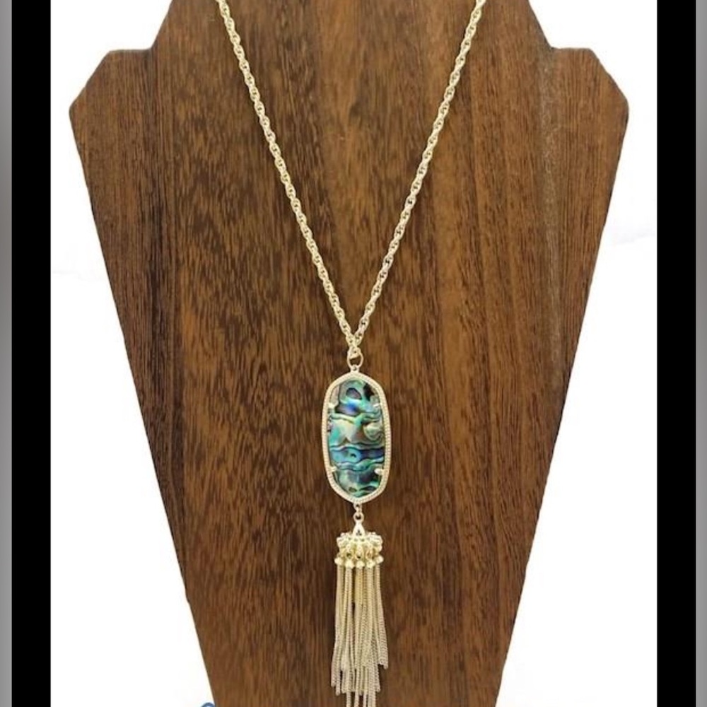 KENDRA SCOTT Rayne Abalone Glass Tassel Pendant 32" Gold Chain Necklace